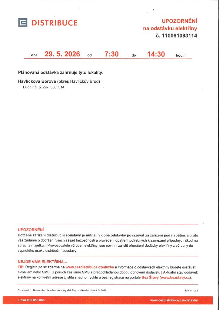 Upozornění na odstávku elektřiny 29. 5. 2026