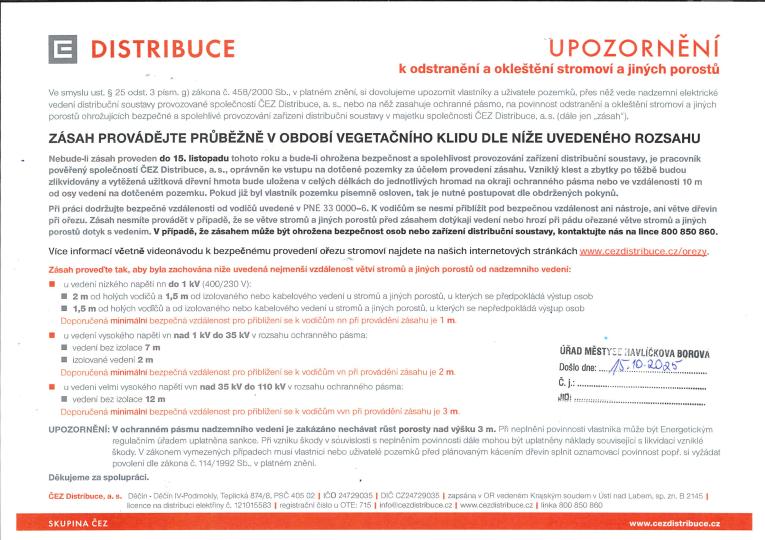Upozornění k&nbsp;odstranění a&nbsp;okleštění stromoví a&nbsp;jiných porostů