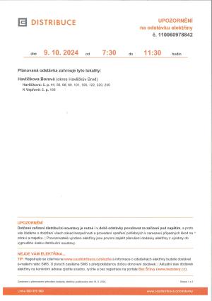 odstávka elektřiny 9. 10. 2024
